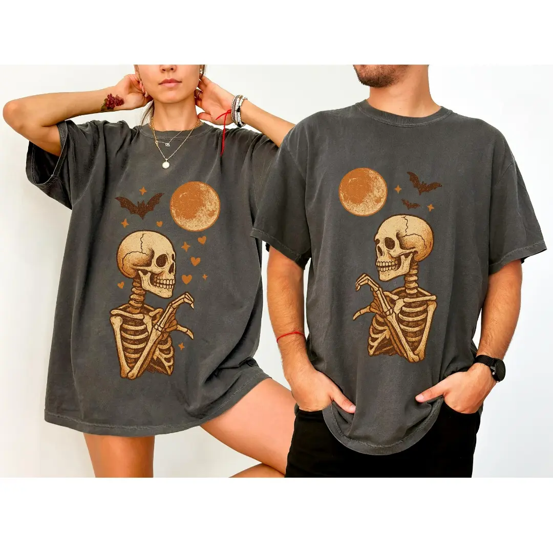 Comfort Colors Matching Skeleton Couple Shirts, Cute Ghost Love Halloween Tees, Spooky Season His and Hers T-Shirts, Oversized Fall Couple Gift - AL