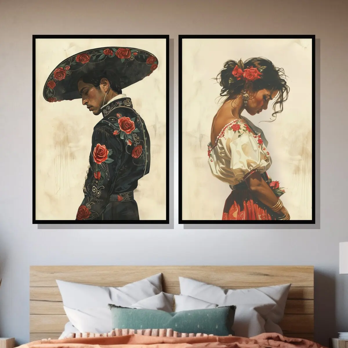 Mexican Art Set of Two , Romantic Mariachi Wall Decor, Southwestern Modern Wall Art, Rustic 2-Panel Mexico Decor for Bedroom Unframed Poster