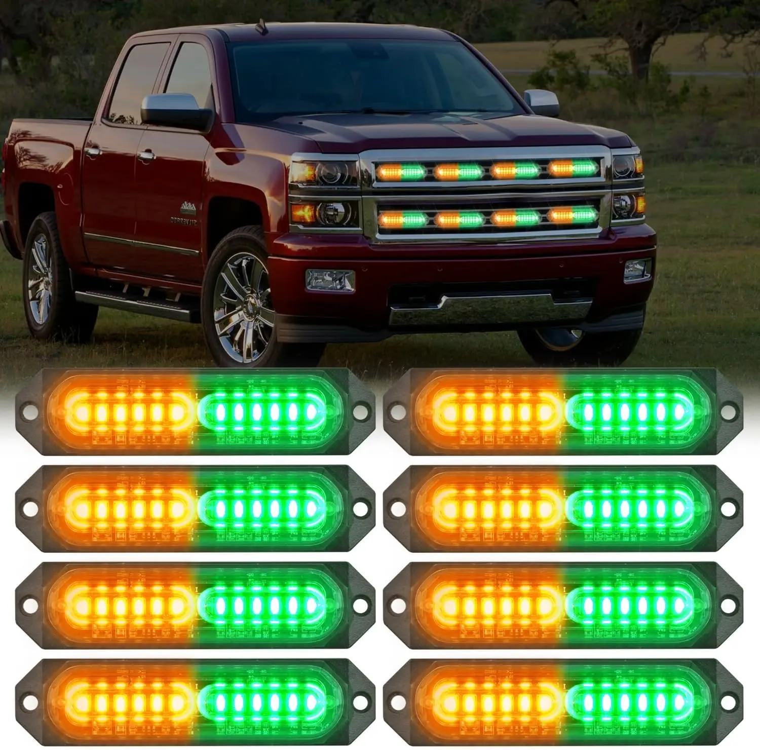 Nilight 8PCS 12LED Amber Green High Brightness LED Strobe Lights - 12V-24V Surface Mount Mini Grille, Multiple Modes (Steady/Flash) for Cars & SUVs, Led Car Ambient Light, Strobe Light Kit