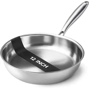 Tri-Ply Stainless Steel Pan - 12 Inch Frying Pan,  and Even Heat Stainless Steel Skillet, Induction Cookware, Dishwasher and Oven Safe Skillet