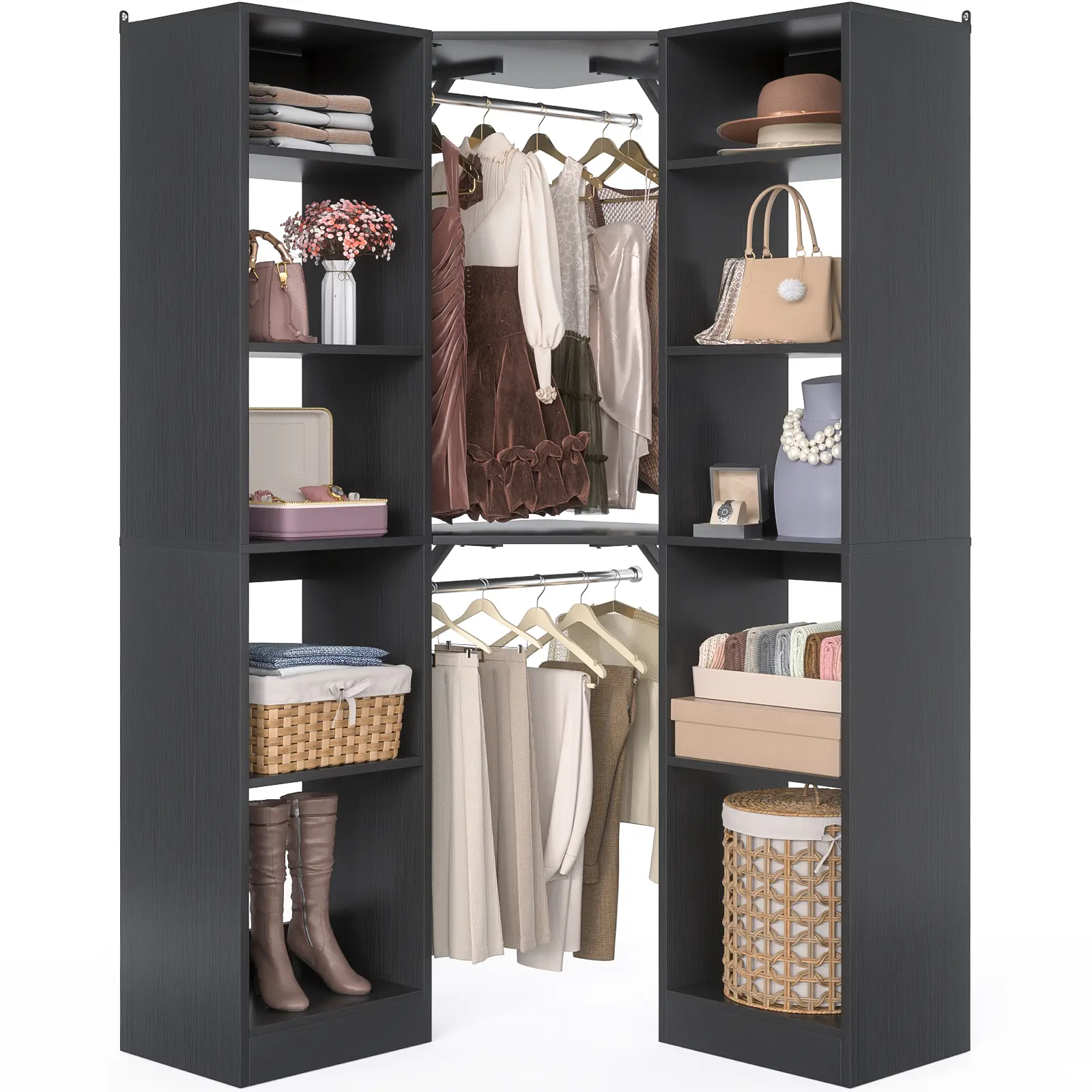 6-Tier Corner Armoire Closet Organizer System - 40" Large Wardrobe with 12 Shelves, 2 Hanging Rods for Bedroom, Cloakroom