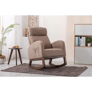 【GOOGREAT】COOLMORE Rocking Chair, Modern Glider Chair, Recliner Armchair with Wood Legs and Side Pocket, Nursery Rocking Accent Chair with High Back for Living Room Bedroom (Camel linen)