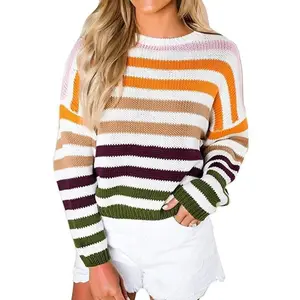 Women’s Fashion Striped Colorblock Pullover Sweater, Casual Fitted Knitwear for Autumn & Winter, Medium Fabric Thickness
