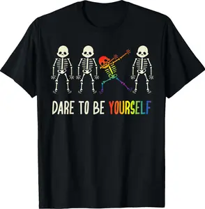 Dare To Be Yourself Cool Creative Skeleton Dabbing Move T-shirts - 100% Cotton Unisex Loose Sports T-shirt Casual Crewneck Streetwear Top