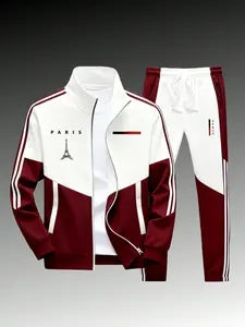 Men's 2-Piece Paris Logo Sportswear Set - Sports Outerwear Jacket & Jogging Pants, Geometric Print, Stand-Up Collar, Zipper Closure, Color-Matching Design, All-Season Streetwear Fashion Apparel Clothes