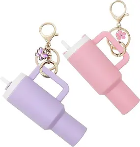 Mini Tumbler Keychain for Stanley Cup Accessories,Cute Mini Cup Flower Charm for School Bag Backpack Gir Women  ， Mini Tumbler Keychain ChapstickHolder， springtok ，Mother's Day gifts