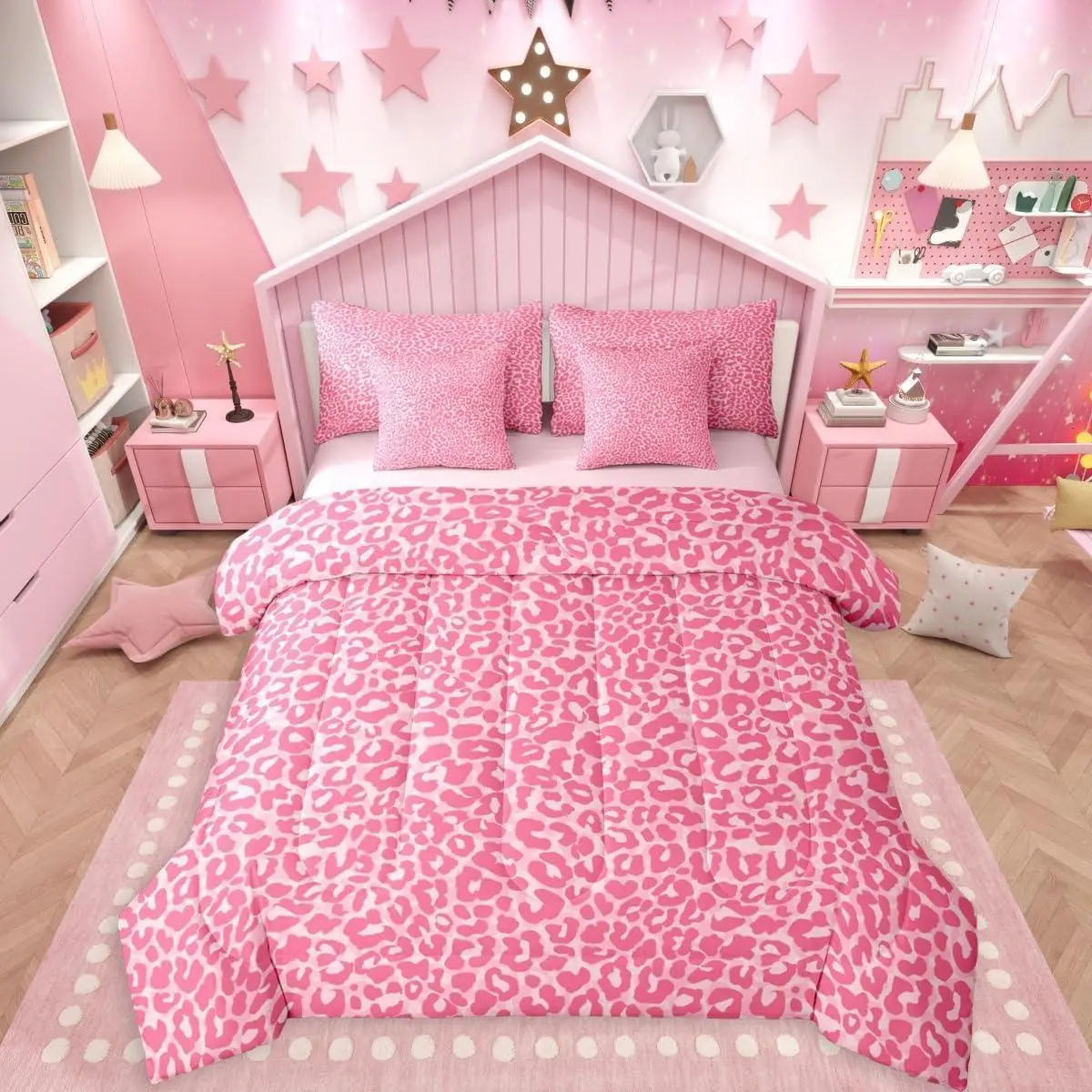 Feelyou Queen Size 7-Piece Pink Leopard Cheetah Bedding Set - Microfiber Comforter, Breathable Sheet Set, Pillowcases, Animal Texture, Farmhouse Bohemian Decor Bed in a Bag, Bed Comforter Set, Queen Comforter Set