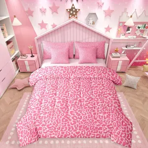 Pink Leopard Print 7 Pcs Bedding Setsexy Cheetah Print Bed in a Bag,Animal Skin Texture Bed Set,Includes Comforter,Sheet Set,Pillowcases & Pillow Covers,Farmhouse Boho Bedroom Decor