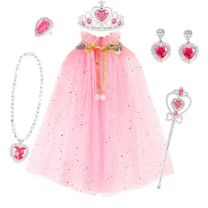 Children Princess Costume Dress-Up Set, Jewelry Crown Magic Wand Necklace Earrings Ring Set, Party Role Play Toy for Girls Age 3+ Party Costume Accessory