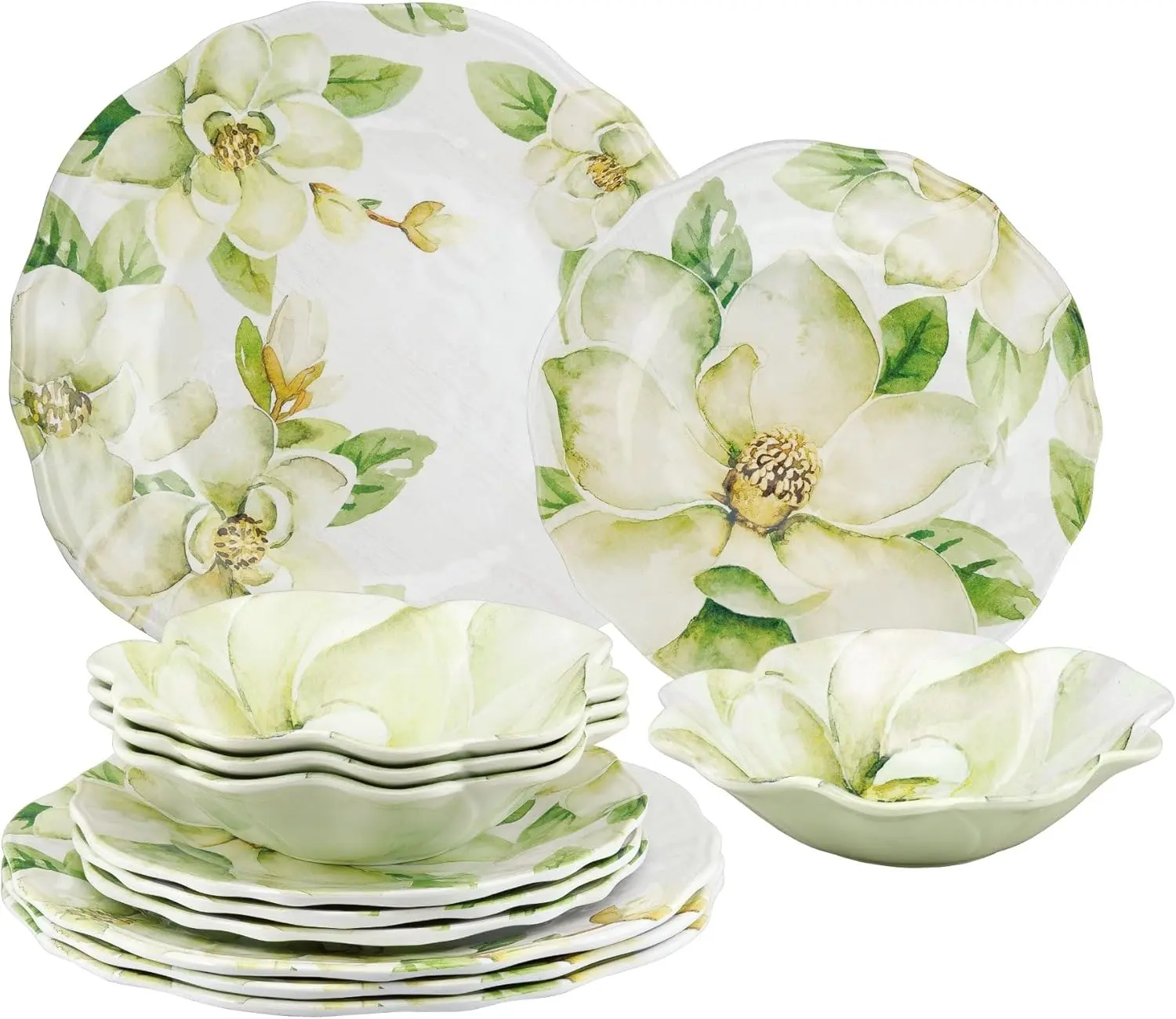 12-Piece Magnolia Melamine Dinnerware Set for 4  Green Floral Outdoor Plates & Bowls Set, Lightweight Shatter-Resistant Patio Tableware, Dishwasher Safe Camping RV Picnic Kitchen Dining Dish Set for Indoor Outdoor Use