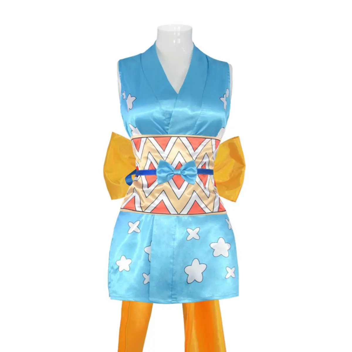 Nami Wano Blue Satin Kimono Cosplay Costume Set with Belt Giant Back Bow for Comic Con