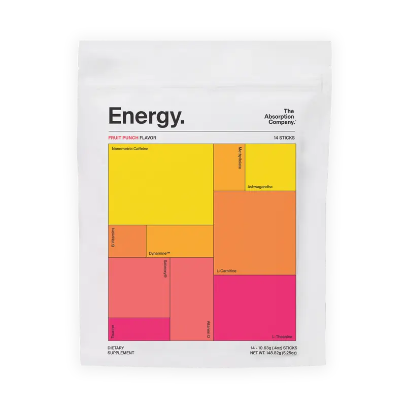 The Absorption Company Energy Drink Powder Packets with 150mg Natural Caffeine, Ashwagandha & Vitamin C for Enhanced Focus & Immunity – Fruit Punch Flavor