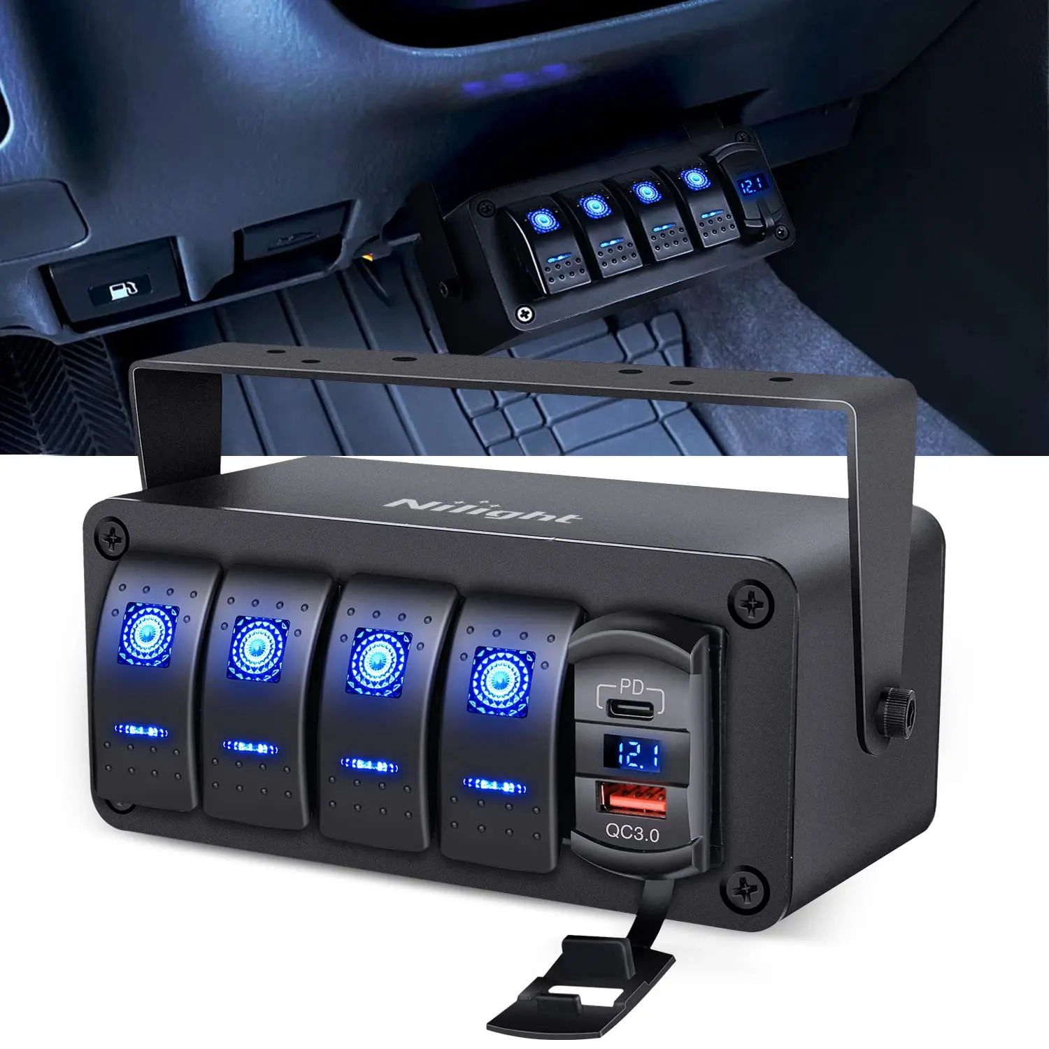 Nilight 4-Gang Rocker Switch Panel - 12V SPST ON-Off Switch, PD Type-C & QC 3.0 USB Charger, Voltmeter, Waterproof Aluminum Build, Waterproof Box, Blue DIY Stickers, Car Accessories for Off Road Lights, Headlights, Taillights, 12V/24Vdc