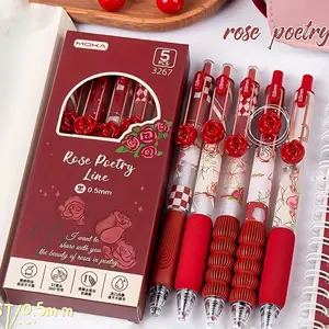 5/15pcs Rose Flower Slide Pen Set, Cute Press Type Gel Pens for Students Girls, Soft Bed Limited Edition, Quick-Dry 0.5mm Tip, Stationery, Writing Pens