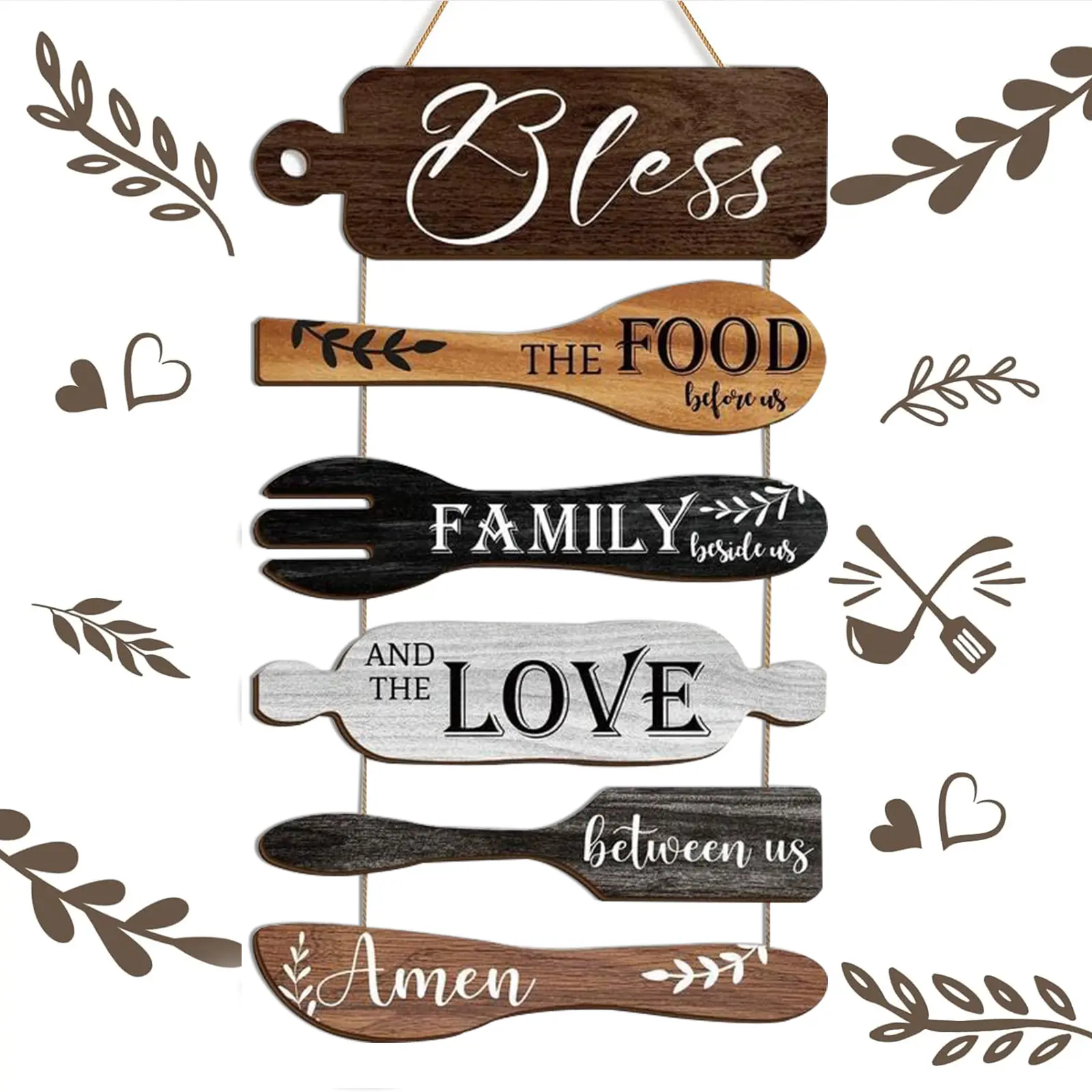 Wooden Kitchen Wall Decor, 1 Set Letter & Kitchen Utensils Pattern Wall Art with Rope, Wall Decor for Home Kitchen Dining Room, Ornaments,Valentine's Day gift