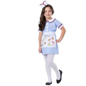 Diner Waitress Costume Dress For Kids - Blue Dress with Apron, Hat & Name Tag - Perfect for Halloween, Theme Party, Pretend Play Fun & Costume Party