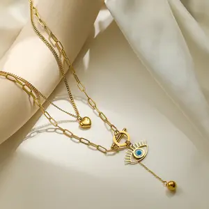 Cute Romantic Evil Eye Layered Necklace Women Fashion Titanium Steel Collarbone Chain Vintage Luxury Gold RU
