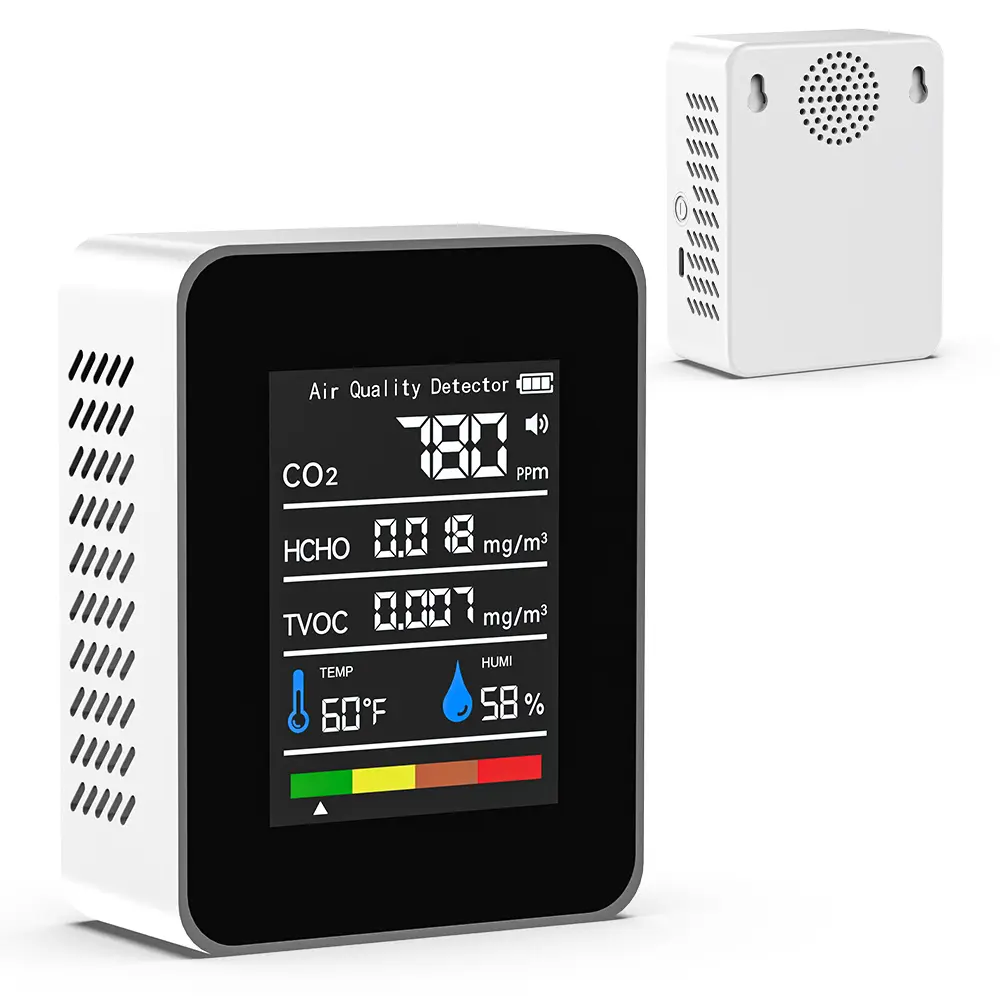 1 Unit Air Quality Monitor Indoor 5-in-1 Rechargeable Carbon Dioxide Meter with CO2 ,HCHO, TVOC, Temperature & Humidity Tester for Home,Travel,Grow Room,Office,Car