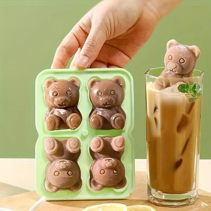Teddy Bear Ice Cube Mold, Ice Molds, 4-Cavity Silicone Tray, Non-Stick Design, Perfect for Cocktails & Beverages, Durable & Reusable, Home Bar Accessories, Ice Cube Trays