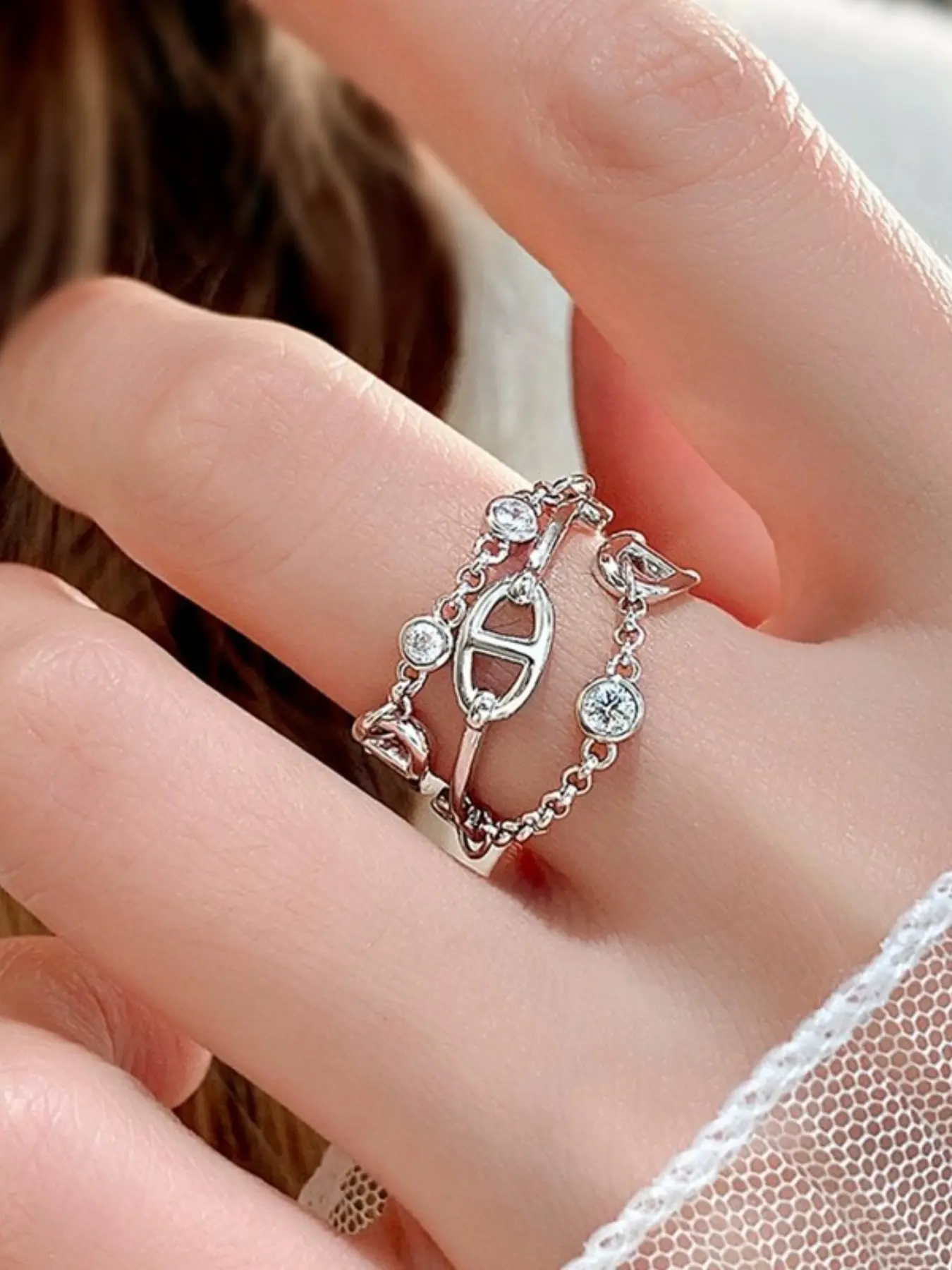 Adjustable Open Ring for Women, Copper Double Chain Zircon Pig Nose Design, Elegant Stackable Jewelry, Beautiful Rings, Perfect for All Seasons, Copper Rings