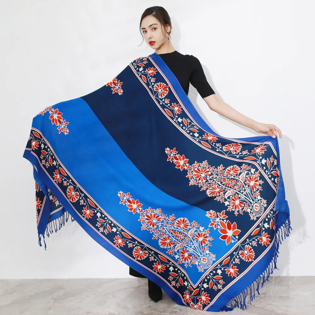 DANA XU 100% Merino Wool oversized Pashmina Blanket Travel Scarf Cashmere Wrap for Women Fall Winter Oversize Shawl Floral Design Party