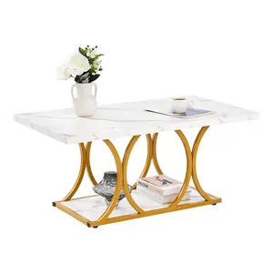 Modern Style 2-Tier Rectangle Faux Marble Coffee Table, Sturdy Metal Frame with Metal Tube Legs & Adjustable ft, Center/Accent Desk for Living Room, Office, Easy Assembly, White