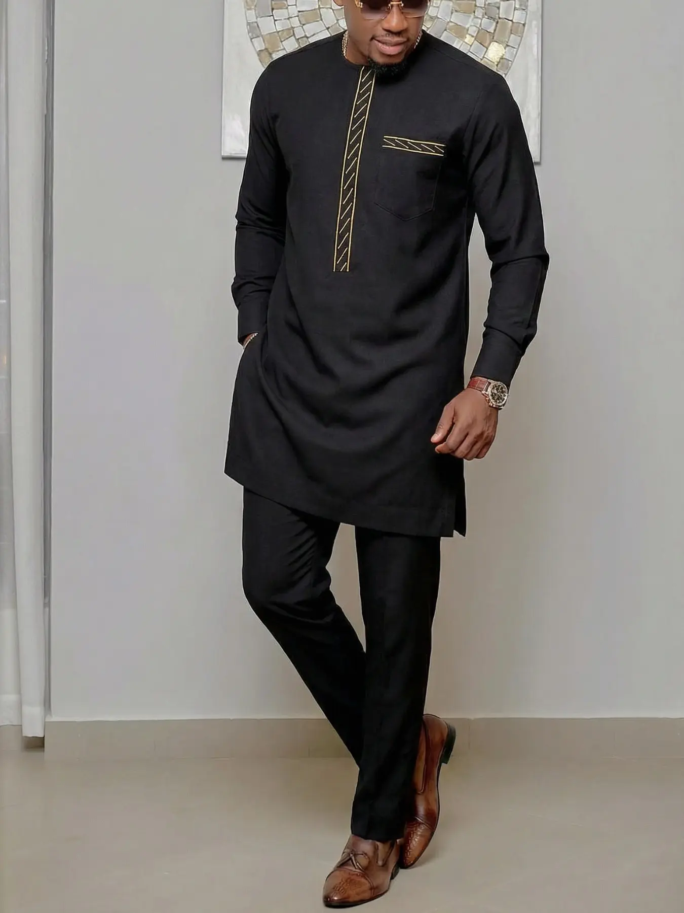 Muslim Islamic Men's African Nigerian Boubou Set Outfits, Long Sleeve Embroidered Rich Cultural Traditions Ethnic Suit, Elegant Formal Attire with Modesty for Festivals Weddings Parties Gifts