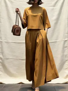 Women's Top & Wide Leg Pants Two-piece Set, Casual Fashion Cozy Three Quarter Length Sleeve Top & Trousers for Daily Outdoor Wear, Ladies Clothes for All Seasons, Womenswear Loungewear