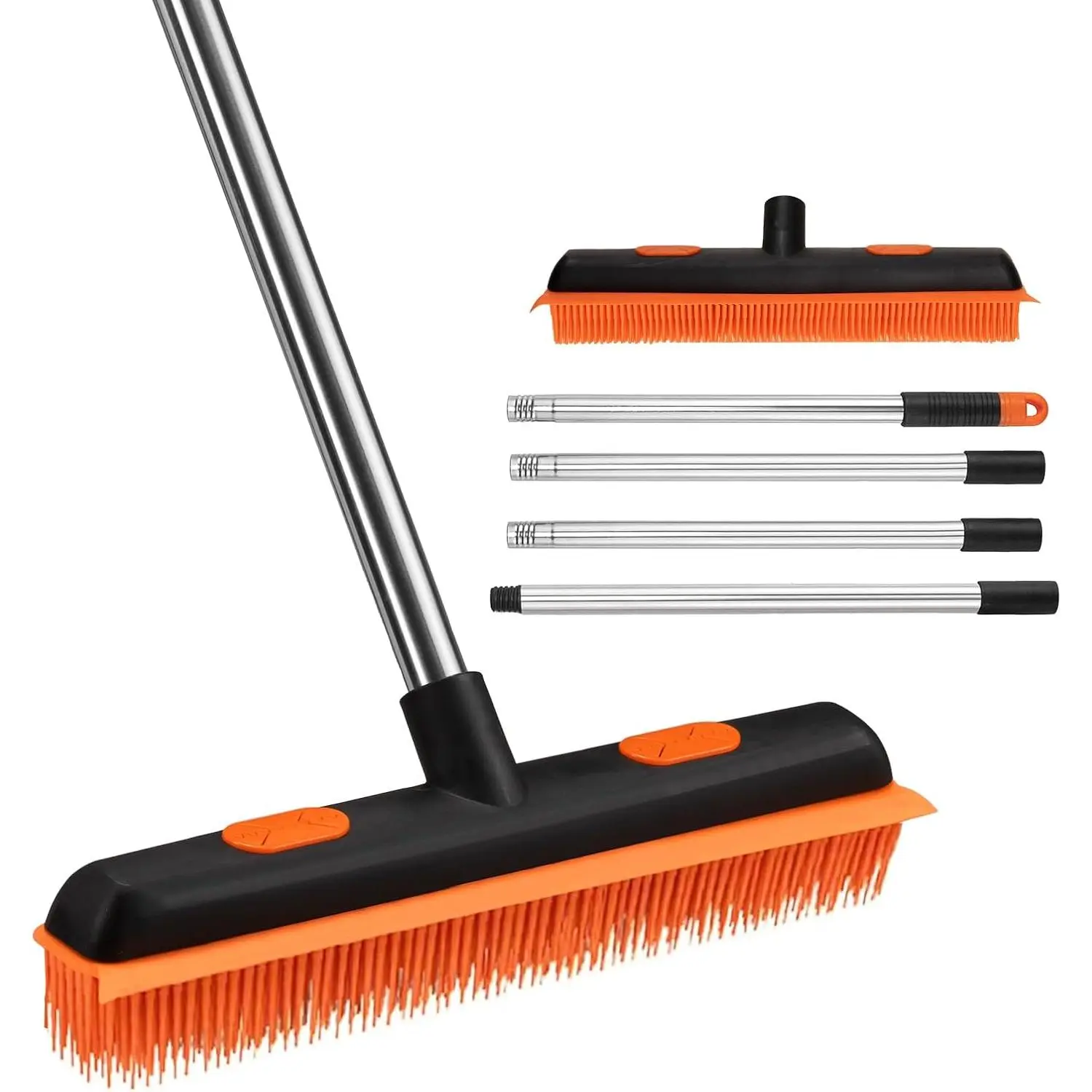 2 in 1 Rubber Broom with 33-64" Long Handle,Fur Remover Broom with 33-64" Long Handle, Pet Hair Broom with Squeegee for Carpet, Hardwood Floor, Tile- Black Orange