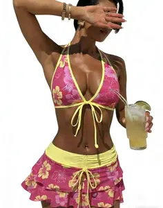 Women's Summer Beach Holiday Printed Backless Bikini Set, Casual Vacation Style, Slim-Fit Tank Top and Skirt Three-Piece Set, Bikini Set