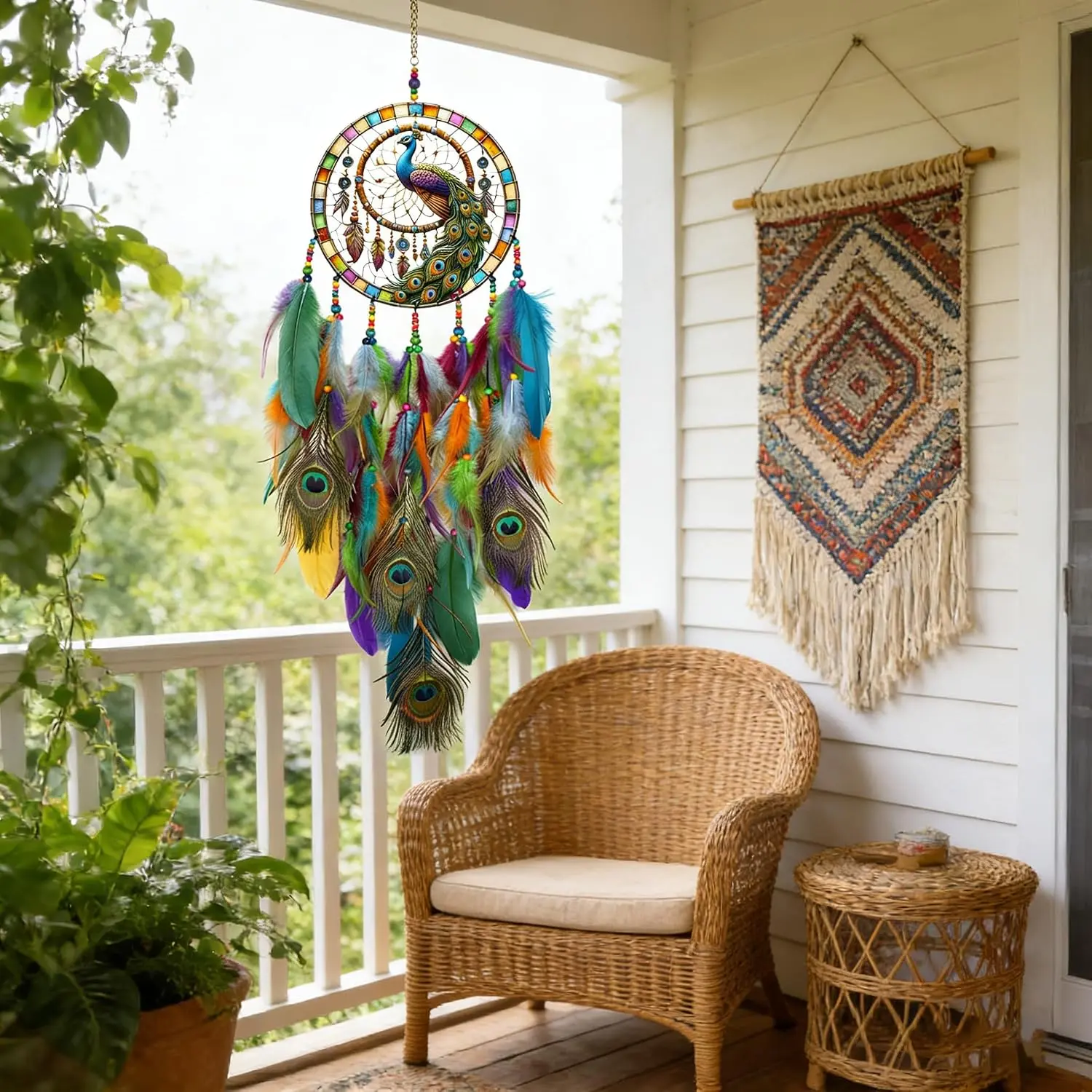 Peacock Dream Catcher Wall Hanging - Handmade Feather Room Decor | Natural Beads & Plumage, Bedroom or Living Room, Aesthetic Boho Vibes, Filters Nightmares, Spiritual Gift