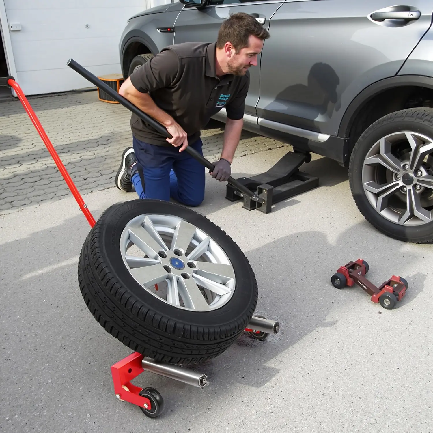 Adjustable Rolling Wheel Dolly for Tires 6.5–31.5 in, 330 lb Capacity, Red Iron Construction with Ergonomic Handle and Dual PVC Wheels