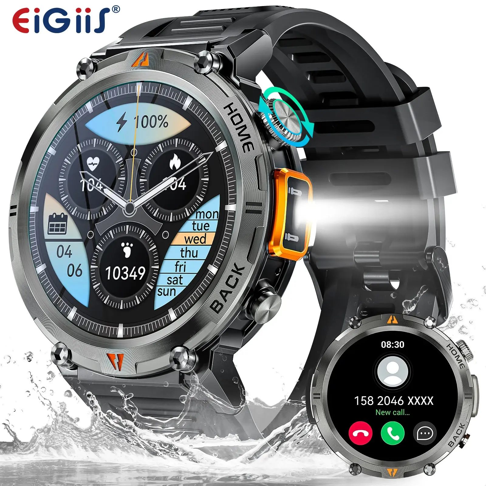 EIGIIS KE3 Smart Watch 3ATM Waterproof Bluetooth Call Health Monitor with Flashlight 100+ Sports Modes for Men Original Design Wearable 46mm Diameter 22mm Strap Width