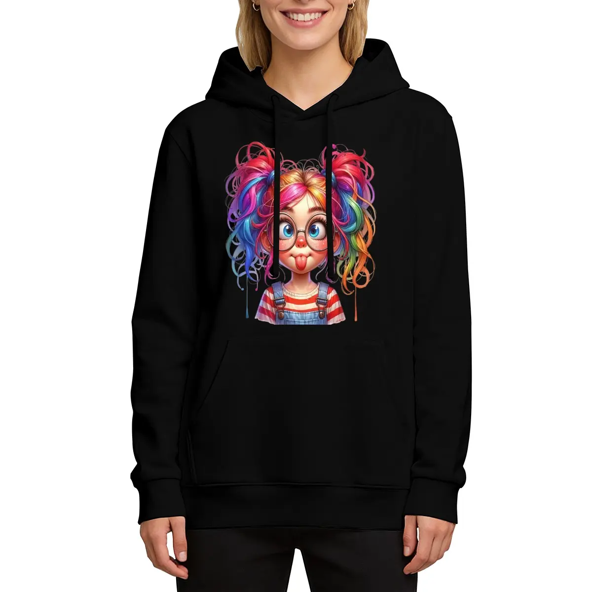 Women Playful Rainbow Hair Girl Graphic Hoodie Casual Fall Pullover