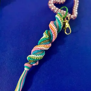 Spring Boondoggle Colorful Bag Charm with 6 Strings of Plastic Lanyard String Adorable Spiral Stitch Design Nostalgic Collectible