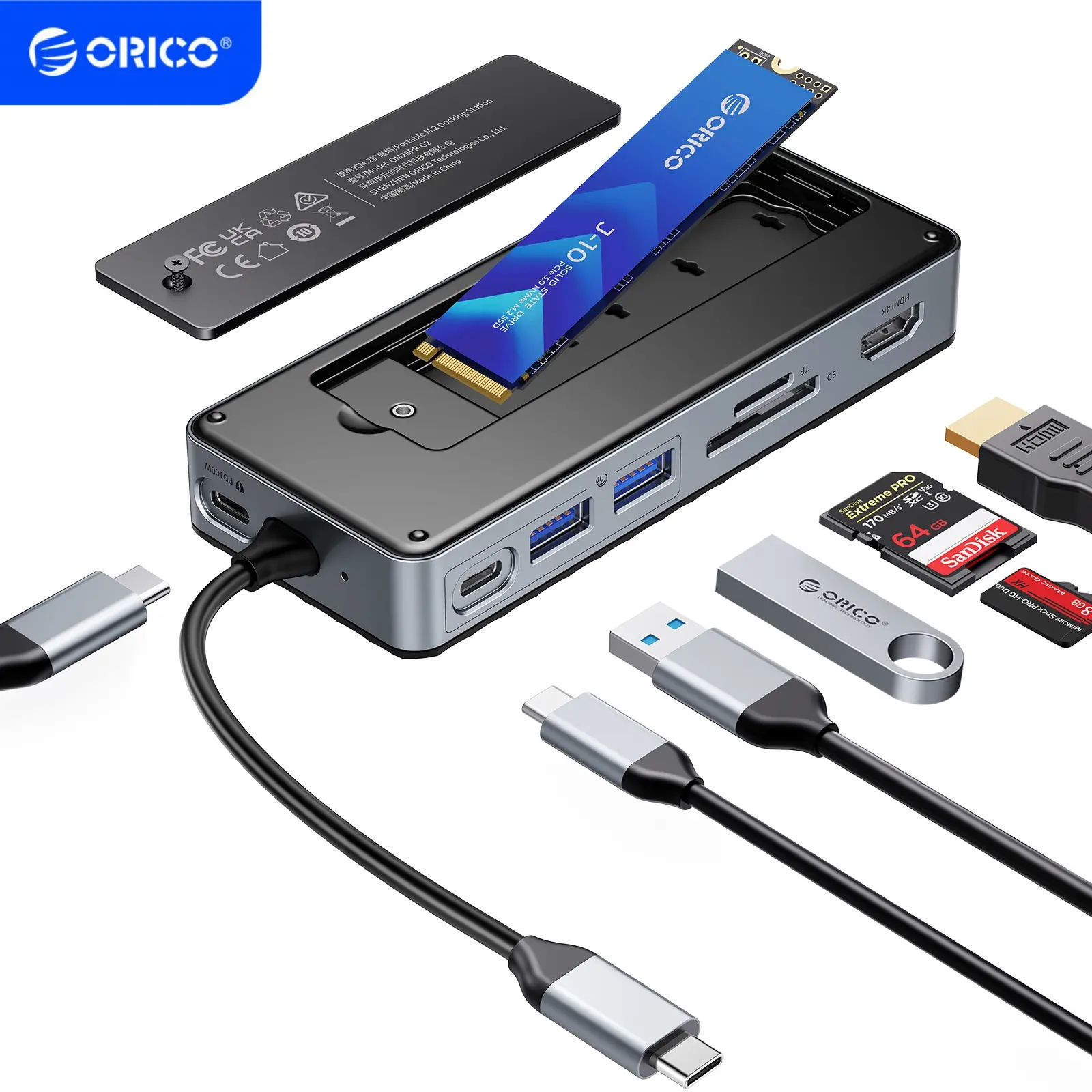 ORICO USB-C Hub with M.2 SSD Enclosure, 8-IN-1 USB C Docking Station Fits M.2 NVMe/SATA SSD, 10Gbps, 4K@60Hz HDMI, 100W PD, SD/TF Card Reader for mac mini,macbook(OM28P)