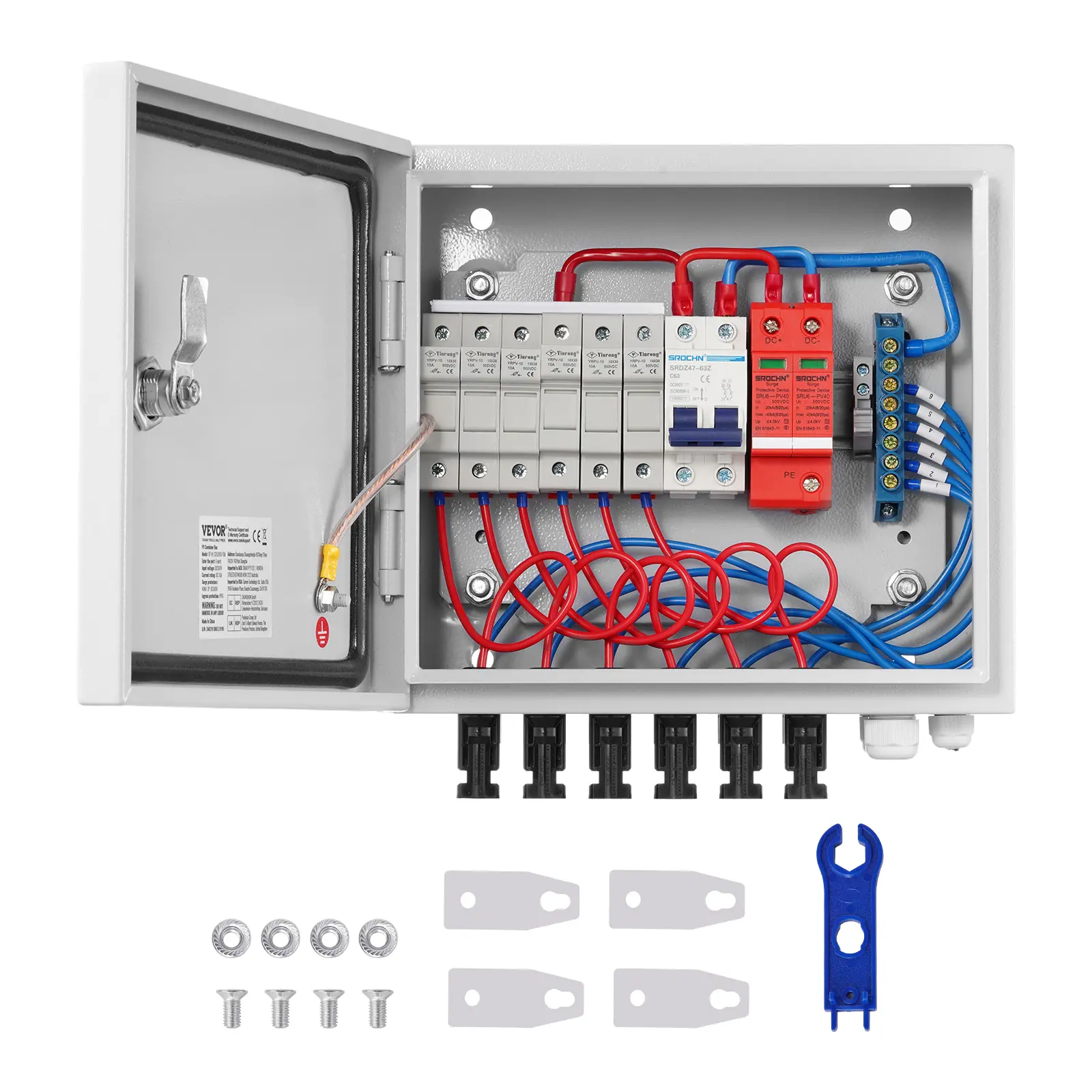 【DealsForYouDays】VEVOR 6 String PV Combiner Box, 15A Fuse, 125A Circuit Breaker, Lightning Protection Arrester, Solar Connector, Dustproof Steel Case, Fracture Toughness & High Impact Resistance, IP65 for On/Off Grid Solar Panel Systems, 6 15A Dc Fuses, D