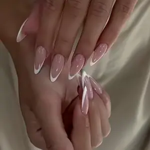 24pcs Long Almond Press-On Nails, Classic Elegant Nude French Manicure, Clear Base with Sharp Arc Edge, Simple High-End Style