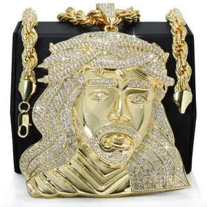 Jumbo Size Jesus Head Hip Hop Religious Charm Pendant & 8mm 24" Rope Chain Gold Silver Plated CZ Bling Jewelry Accessory