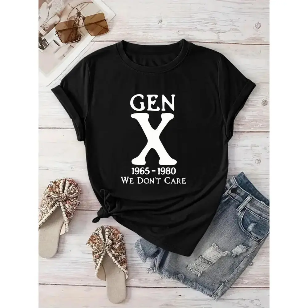 Women's Vintage 1965-1980 Gen X Graphic T-Shirt - Retro "WE DON'T CARE" Slogan Tee in Forest Green - Machine Washable Casual Everyday Round Neck Smooth