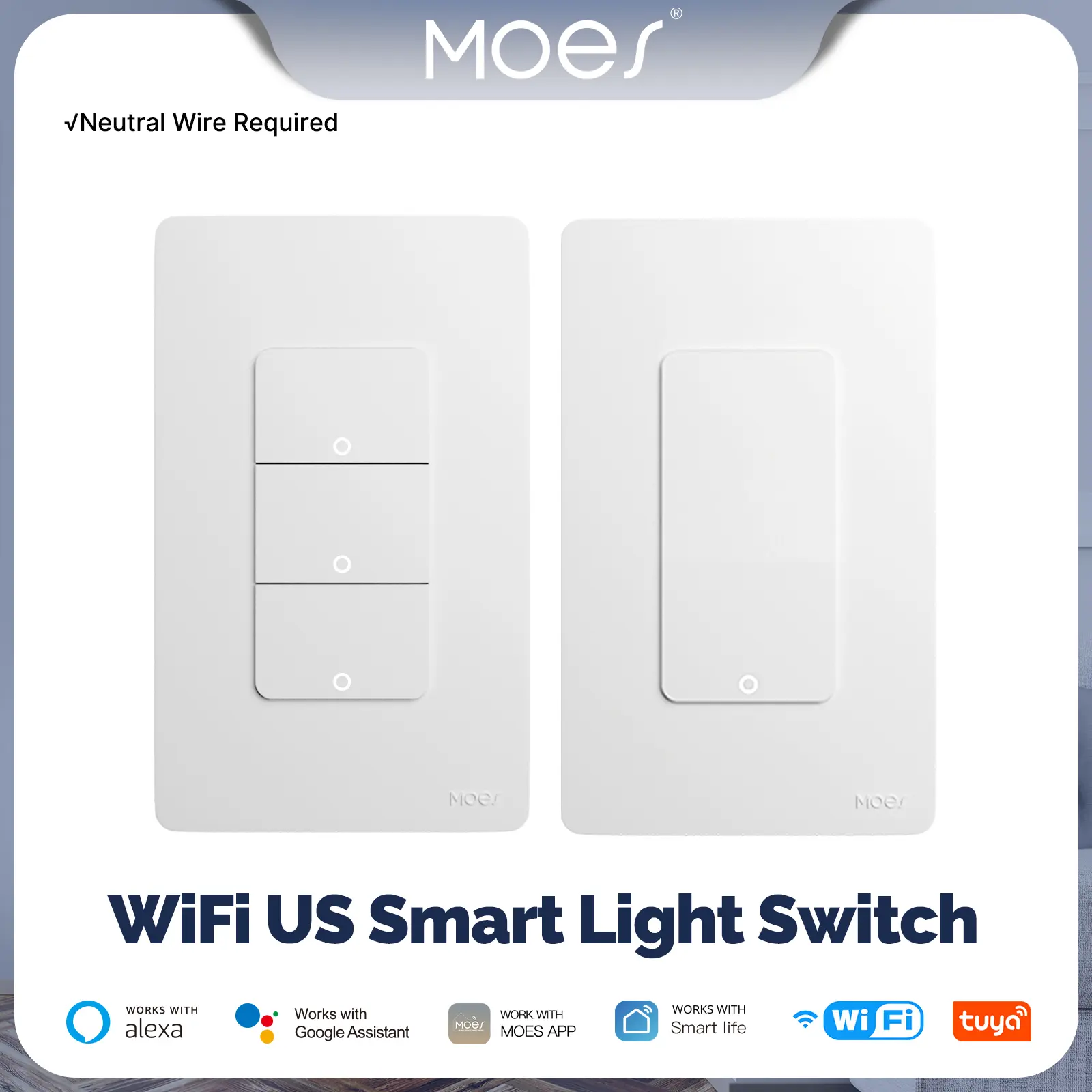 MOES Wi-Fi Smart Single Pole Light Switch - Hard-Wired Home Lighting Switch for Living Room, Neutral Wire Required, Works with Alexa & Google Assistant, No Hub Needed, Remote Control