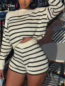 Striped Knit Two-Piece Set, Casual Home Wear, Long Sleeve Top & High Waist Shorts, Y2K Style, Fall Winter Fashion