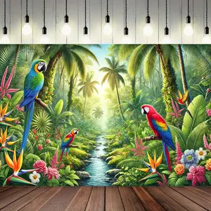 Summervibes 1pc Vibrant Macaws in Rainforest 8x6ft Multifunctional Banner - Ideal for Photography, Film & Event Decorations | Lightweight Polyester, No Electricity Required | Exotic Jungle Scene with Lush Fol