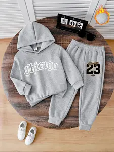 Boys' Fashion Casual Hooded Sweatshirt Sweatpants Set, Thick Warm Letter Print Pullover & Long Pants, Fall Winter Comfortable