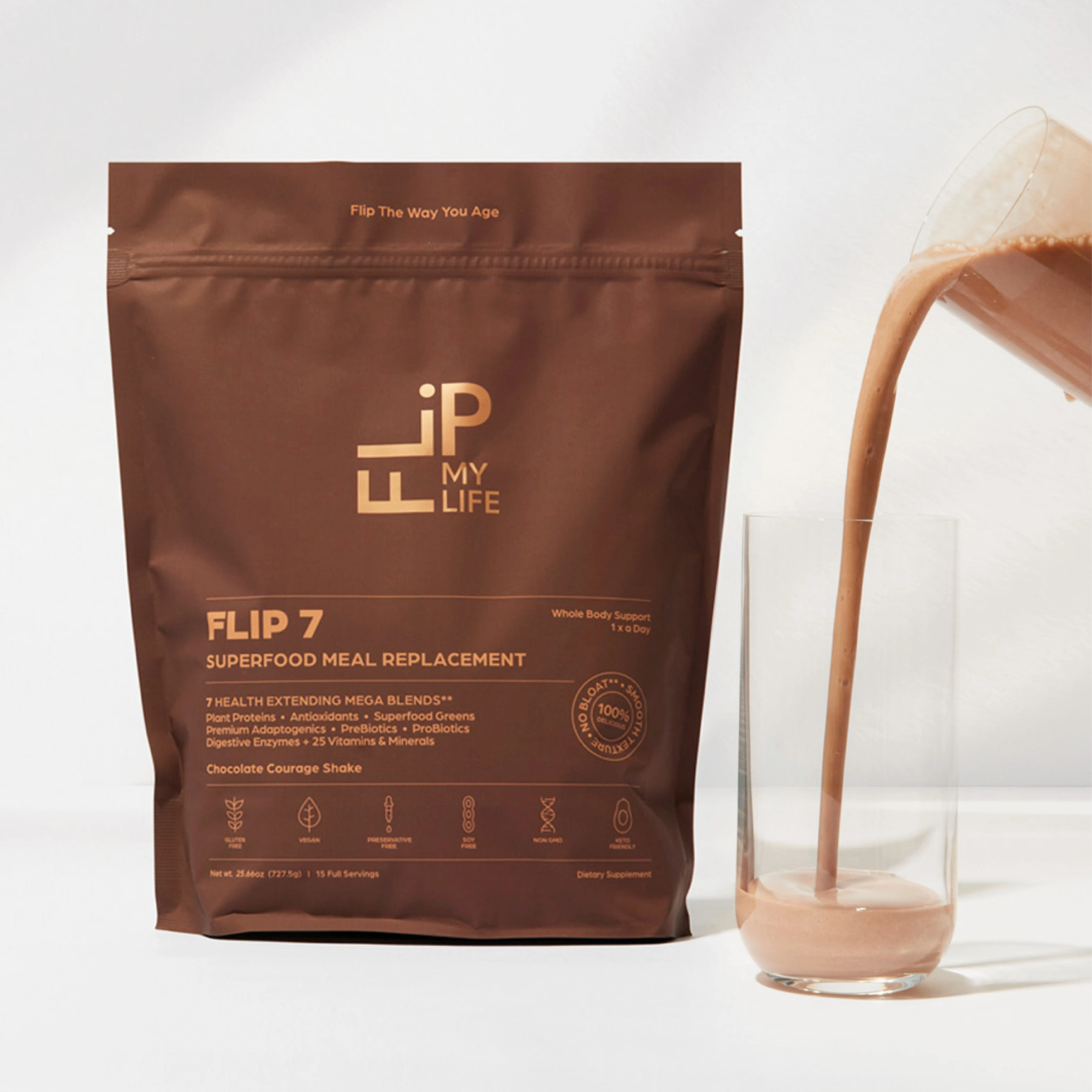 FLIP 7 Super Shake Supplement with Plant Protein, Fiber & Greens, Pre & Probiotics, Digestive Enzymes + 25 Vitamins and Minerals, all in one Shake to Age Better