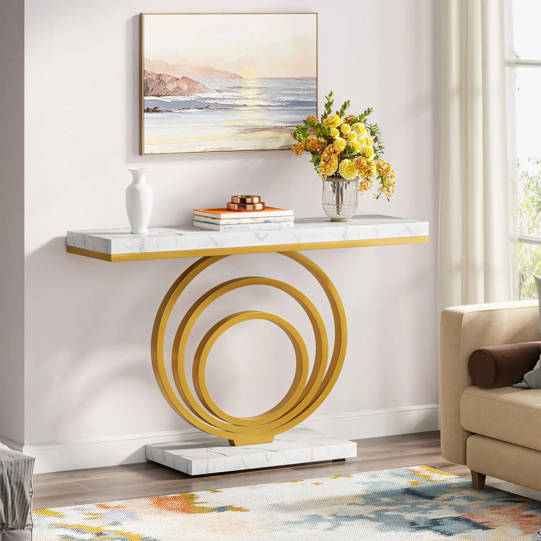 TRIBEWOOD 41-Inch Gold Entryway Table, Modern Console Table Narrow Long, Contemporary Accent Table for Living Room, Hallway, Entrance, Faux Marble Veener Top