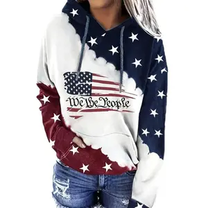 American Flag Print Drawstring Hoodie, Casual Long Sleeve Kangaroo Pocket Sweatshirt, Women's Clothing Fabric Womenswear Knit Polyester Tops Mixed Color Pullover