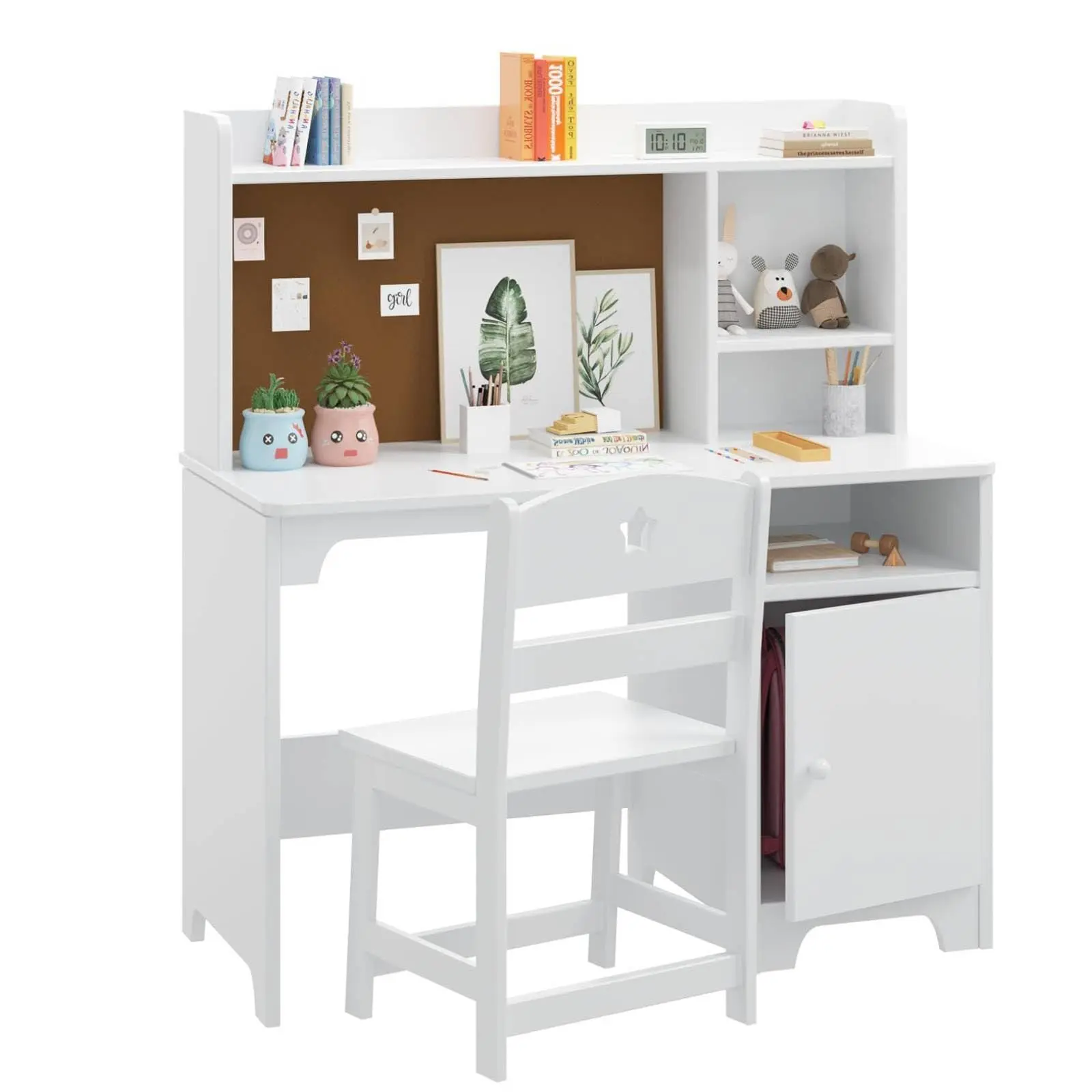 Wooden Kids Desk & Chair Set with Hutch, Storage Cabinet - Ergonomic Writing Study Table, Computer Workstation - Easy Assembly, White - for Bedroom or Study Room