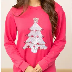 Southern Grace Hot Pink Christmas Tree Sequins Long sleeve shirt