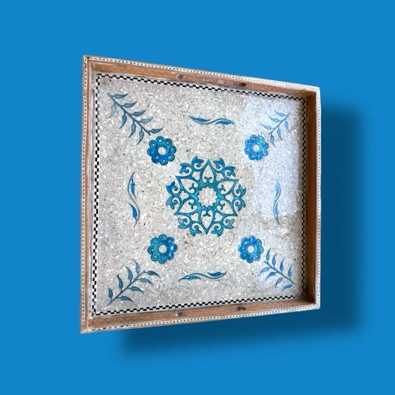 Handmade Mosaic Printed Wooden Serving Tray - Mother of Pearl, Floral Design, Elegant Mosaic, Ideal for Plates party